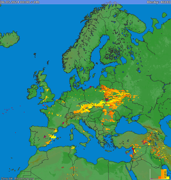 Mapa bleskov Európa 06.05.2024