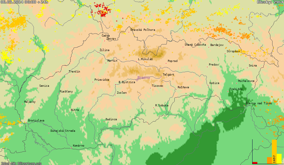 Mapa bleskov Slovensko 07.05.2024