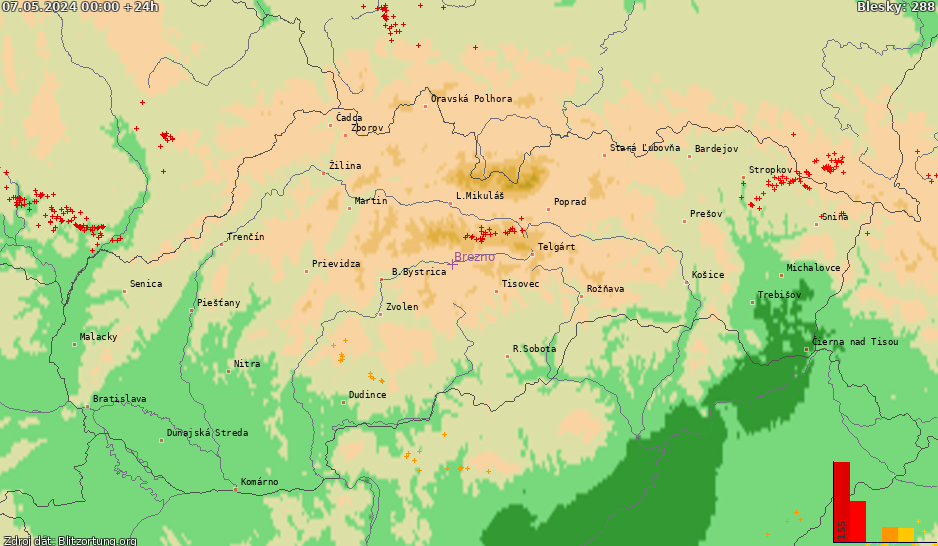 Mapa bleskov Slovensko 08.05.2024