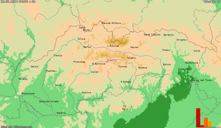 Mapa bleskov Slovensko 18.05.2024 (Animácia)