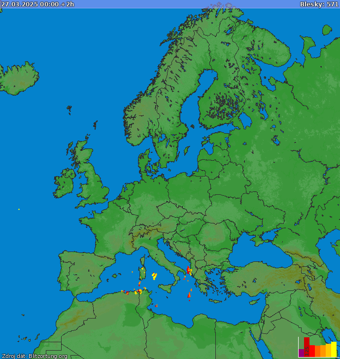 Mapa bleskov Európa 27.03.2025 (Animácia)