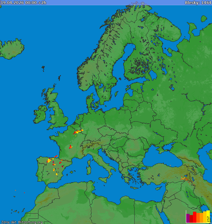 Mapa bleskov Európa 19.04.2026 (Animácia)