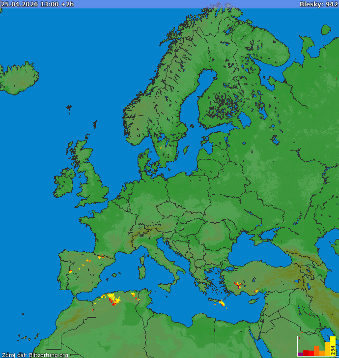 Mapa bleskov Európa 25.04.2026 (Animácia)