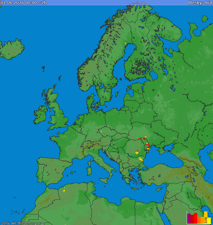 Mapa wyładowań Europa 2026-06-07 (Animacja)
