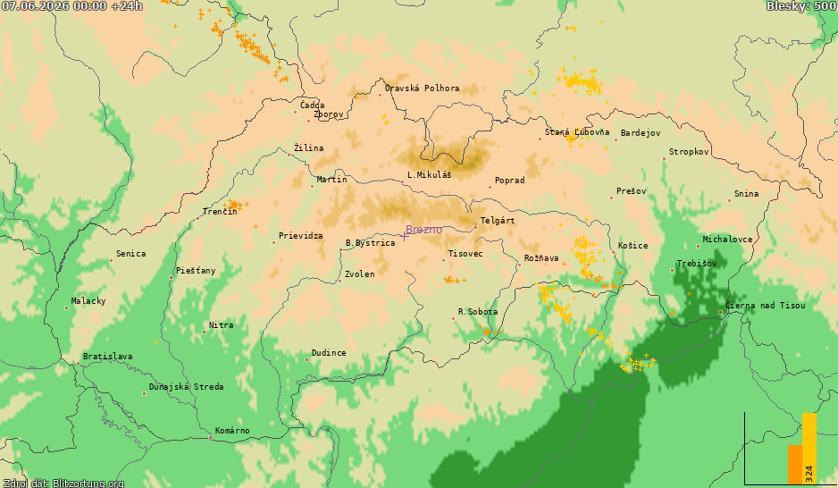 Mapa wyładowań Slovensko 2026-06-08