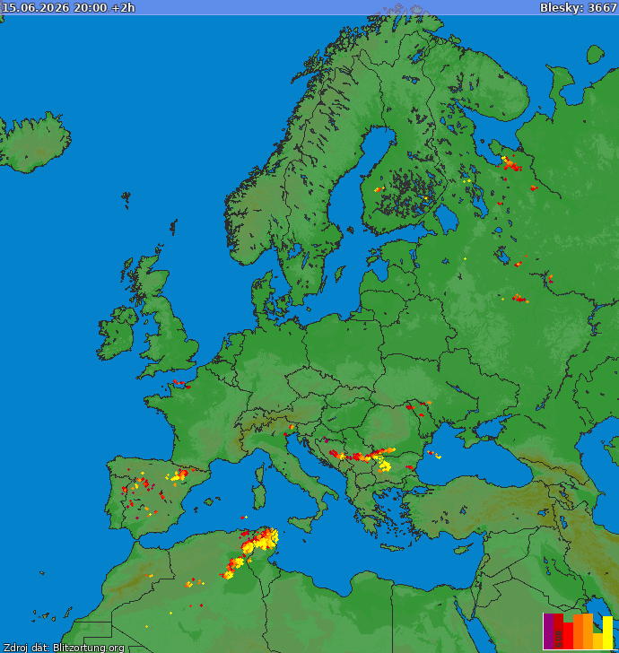 Mapa bleskov Európa 15.06.2026 (Animácia)