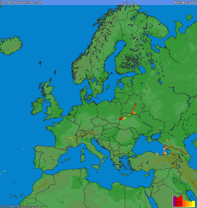 Mapa bleskov Európa 11.08.2026 (Animácia)